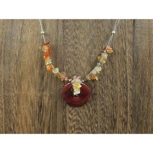 16" Sterling Silver Maroon Stone And Citrine Chips Necklace Vintage Minimalist